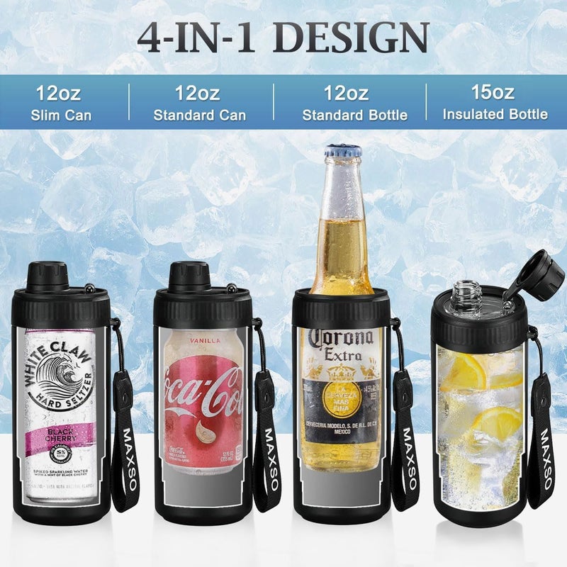 Max&So Sealed Can Cooler Fizz Lid Can Cover for 12 oz Regular, Slim Skinny Cans & As Thermal Bottle, 4-in-1 Insulated Vacuum Stainless Steel Carbonated Cold Drink Holder - Black - Image 5